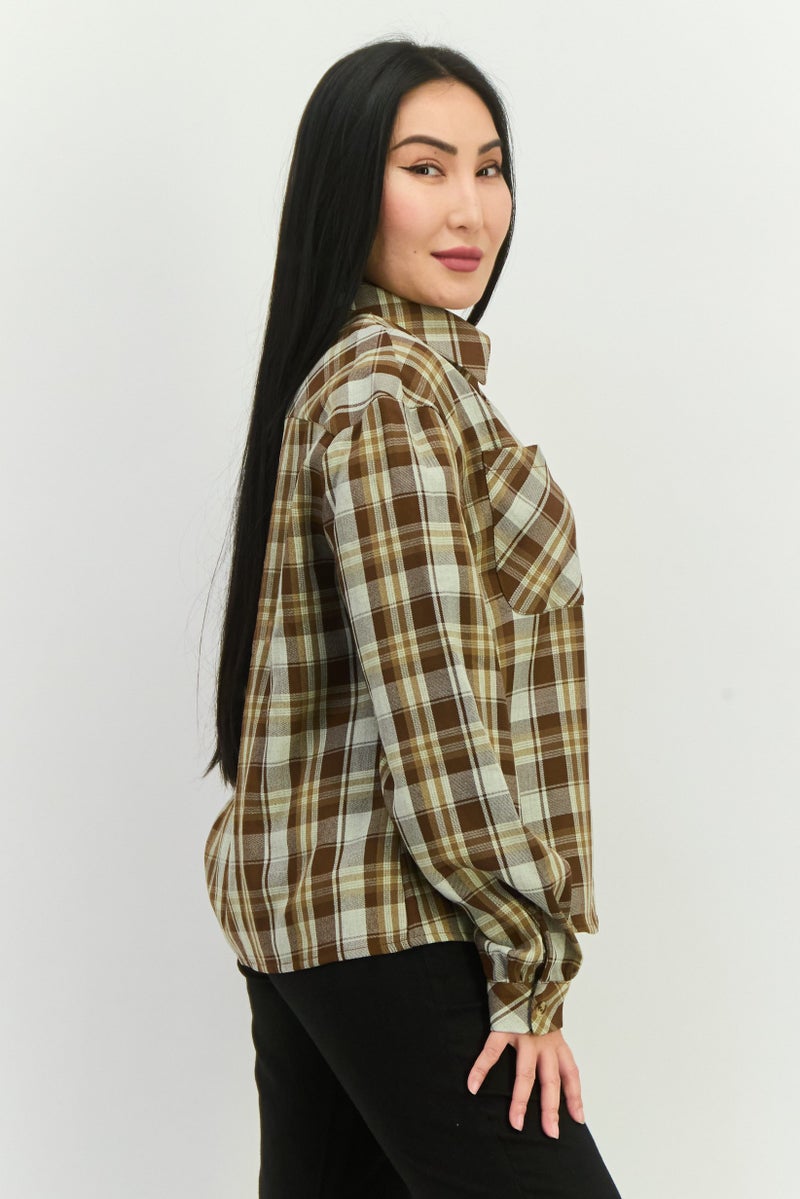 GLAMOROUS قميص نسائي بأكمام طويلة وياقة منتشرة، تصميم مربعات، مجموعة بني - Image 2